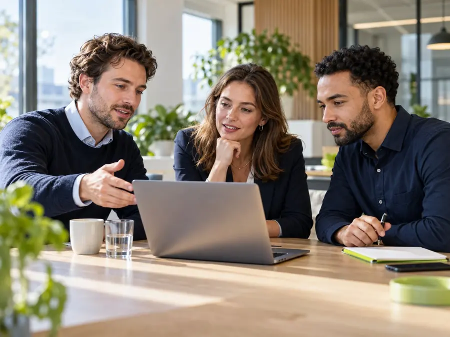 Drei Personen vergleichen Software und besprechen die Umsetzung am Laptop